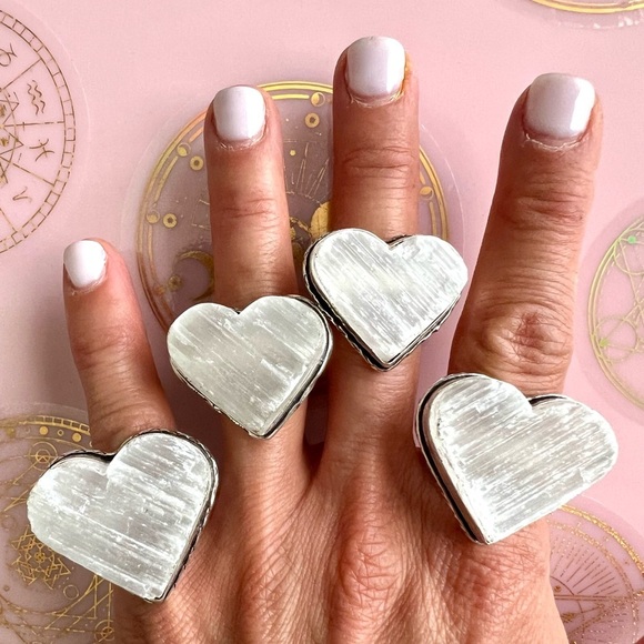 925 RAW Selenite Heart Crystal Charge Ring 5 6 7 8 9 10.5 - Picture 1 of 9